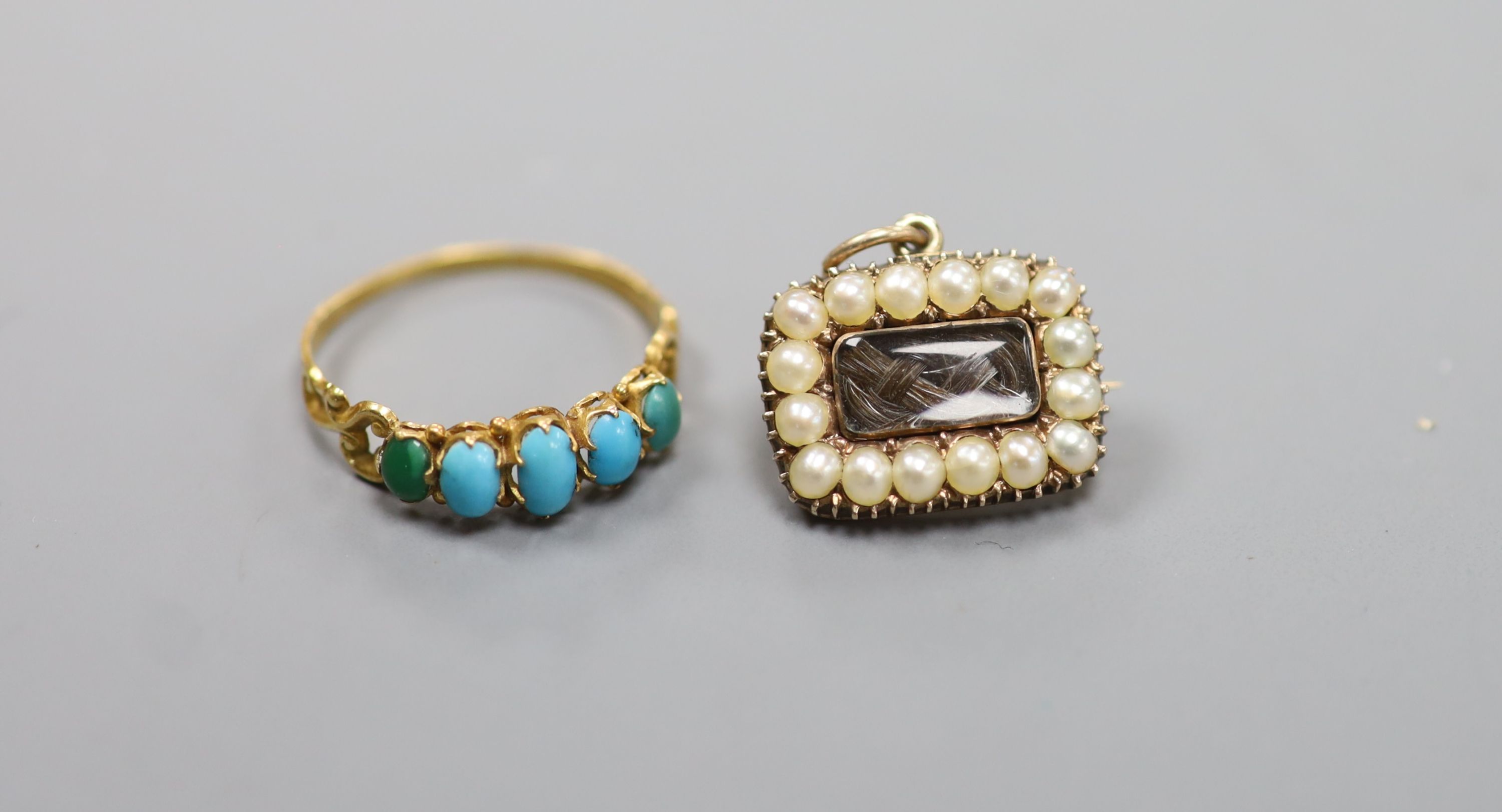 A Victorian yellow metal and seed pearl set mourning brooch, 18mm and a yellow metal and turquoise set half hoop ring